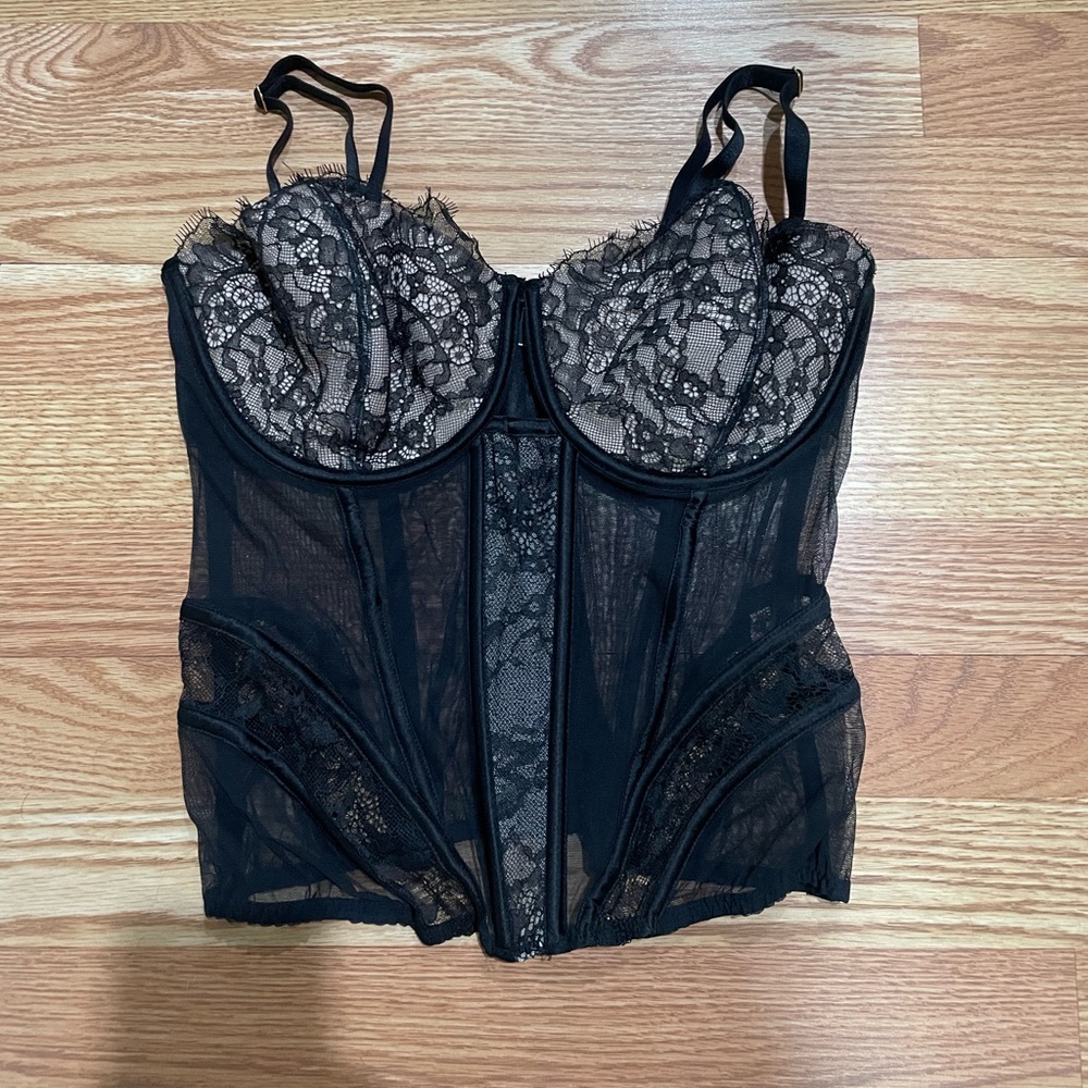 Victorias Secret 38D Black and Beige Lingerie Corset Top with Lace Detailed Cups
